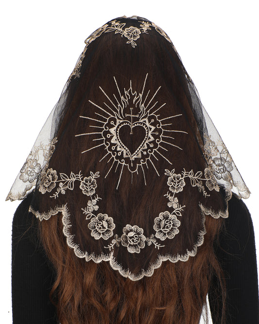 Bozidol Triangular Camellia Sacred Heart Veil - Church Wedding Embroidered Camellia Sacred Heart Wavy Short Veil Scarf