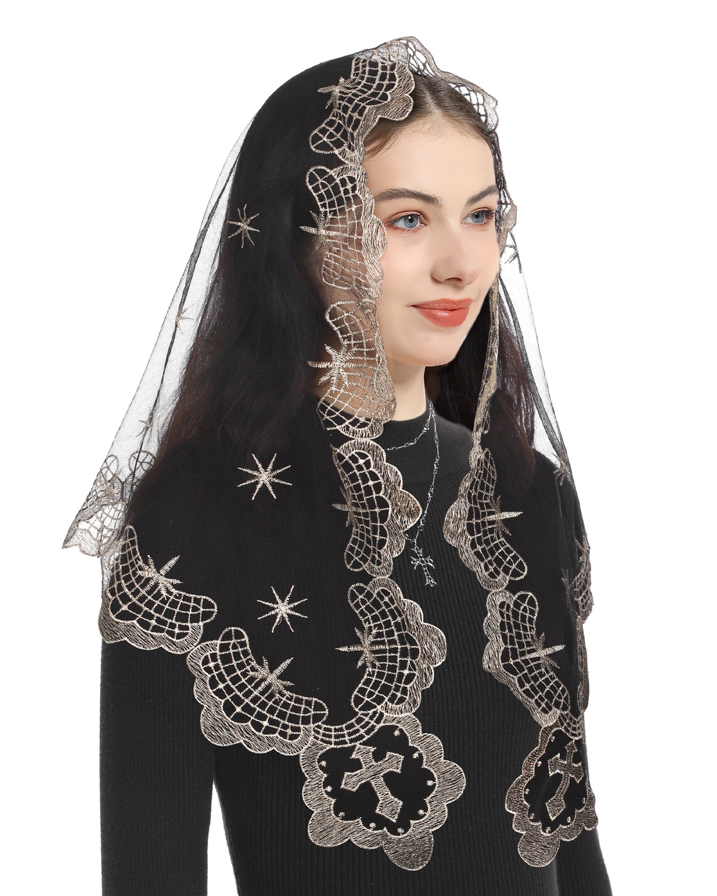 Bozidol Church Veil Triangular Mantilla - Cross Chalice Embroidered Vintage Catholic Mass Veil for Women