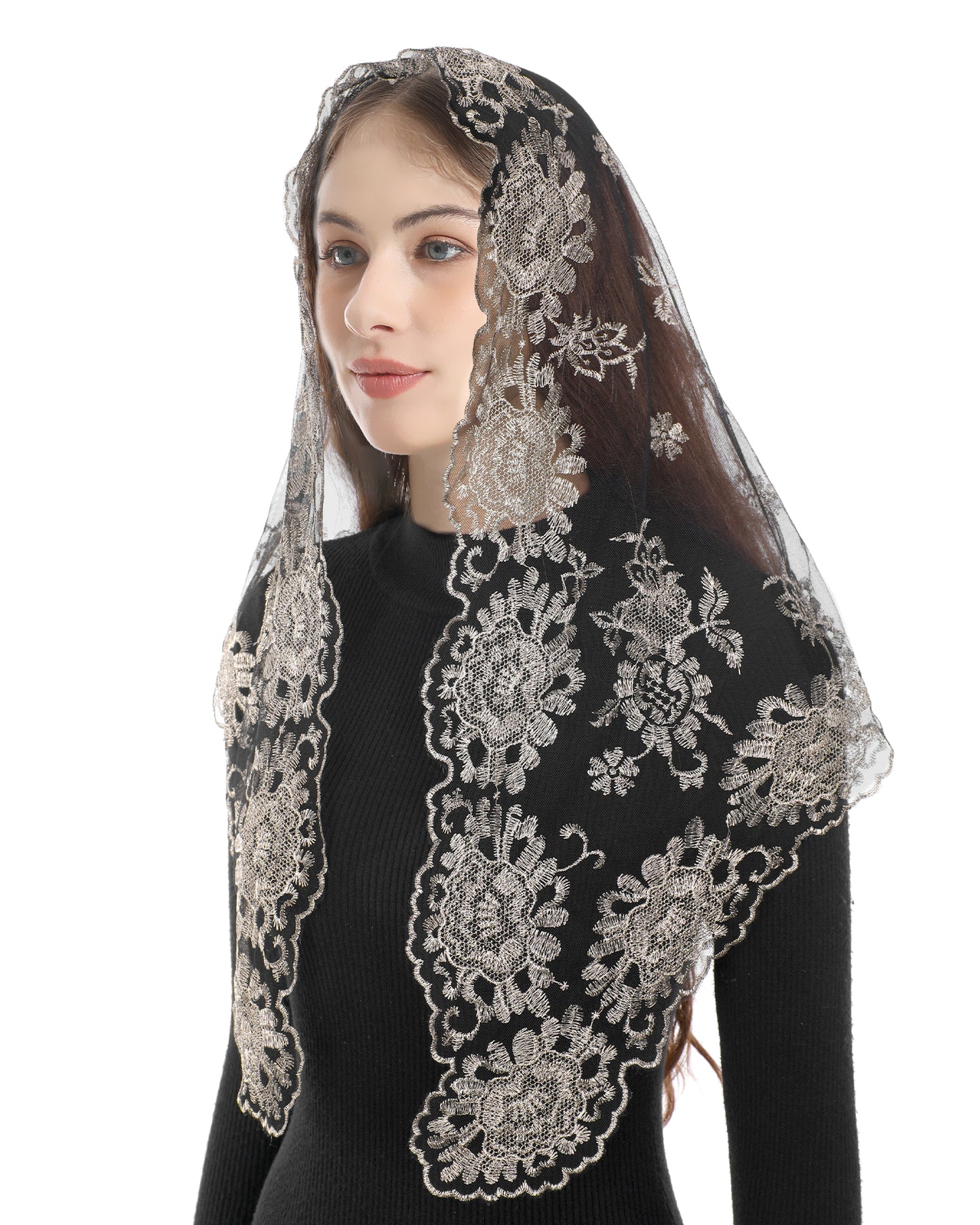 Bozidol Embroidered Church Triangle Veil - Embroidered Shepherds Bouquet Combined With Catholic Church Triangle Lace Veil