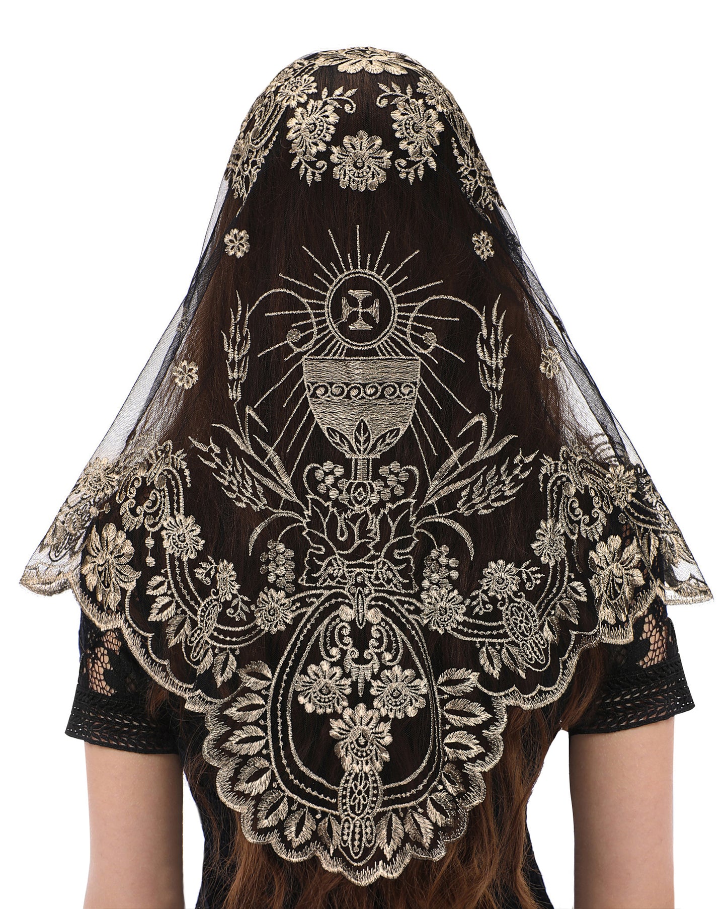 Bozidol Traditional Triangular church veil - Spanish Style with Holy Grail Embroidery Lace Mantilla veil for women