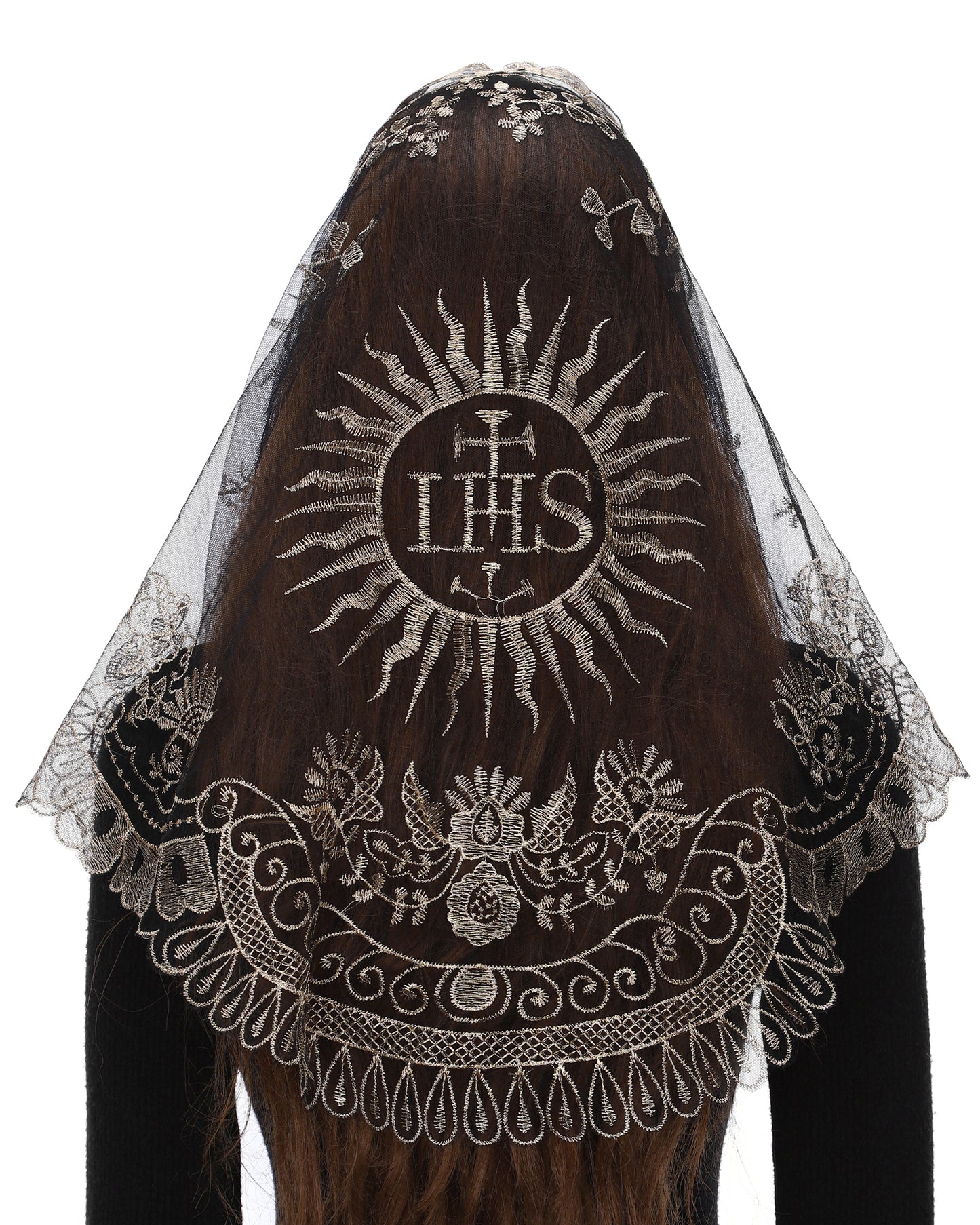 Bozidol Jesus Triangle Lace Veil - Jesus Embroidery Scattered Petals Border Catholic Triangle Ladies Lace Veil