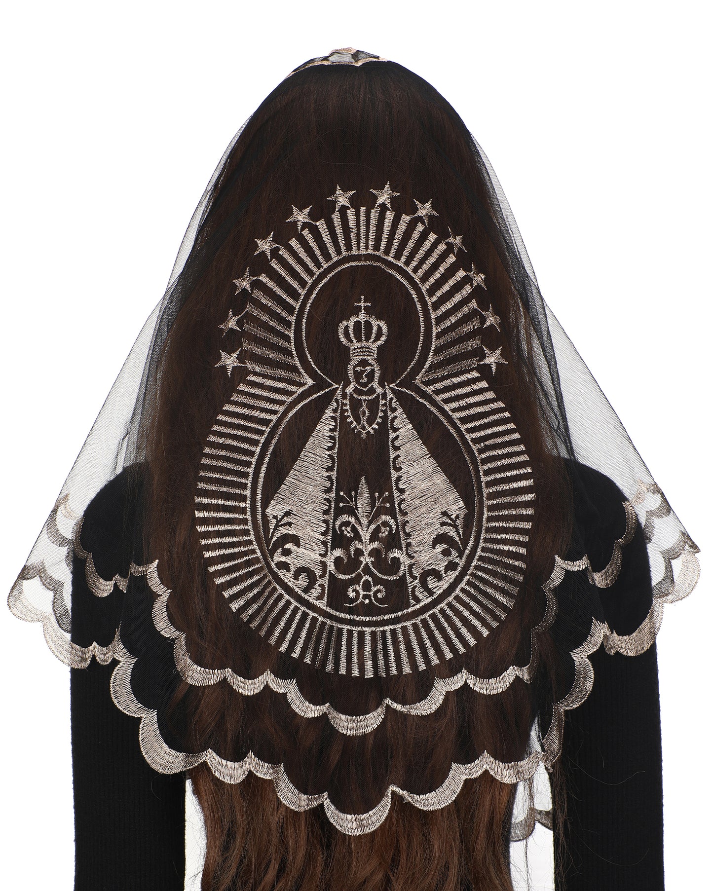 Bozidol Triangular Madonna Cross Women's Veil - Christian Church San Juan De Los Lagos Our Lady of the Cross Embroidered Triangular Lace Veil for Women