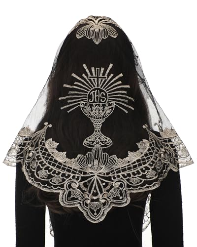 Bozidol Cross Religious Lace Veil Catholic Embroidered Cross and Shell Creative Design Religious Ladies Prayer Lace Veil