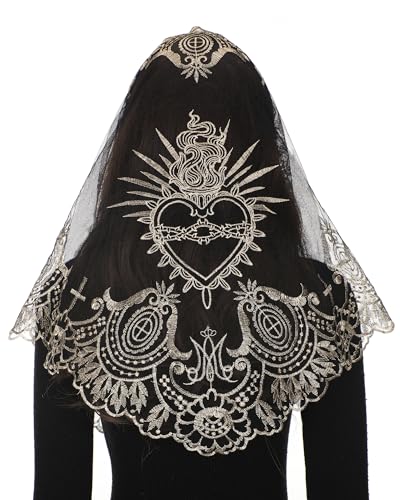 Bozidol Cross Religious Lace Veil Catholic Embroidered Cross and Shell Creative Design Religious Ladies Prayer Lace Veil