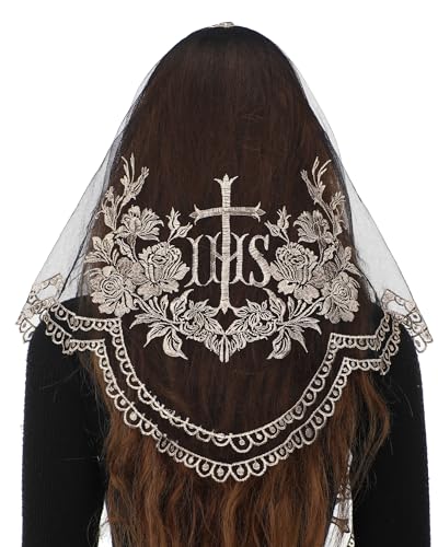 Bozidol Cross Religious Lace Veil Catholic Embroidered Cross and Shell Creative Design Religious Ladies Prayer Lace Veil