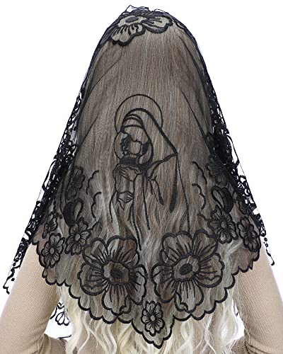 Bozidol Chapel Veils Catholic Mass Mantilla  Virgin and Child Embroidery Lace Triangle Head Coverings Floral Church Veil