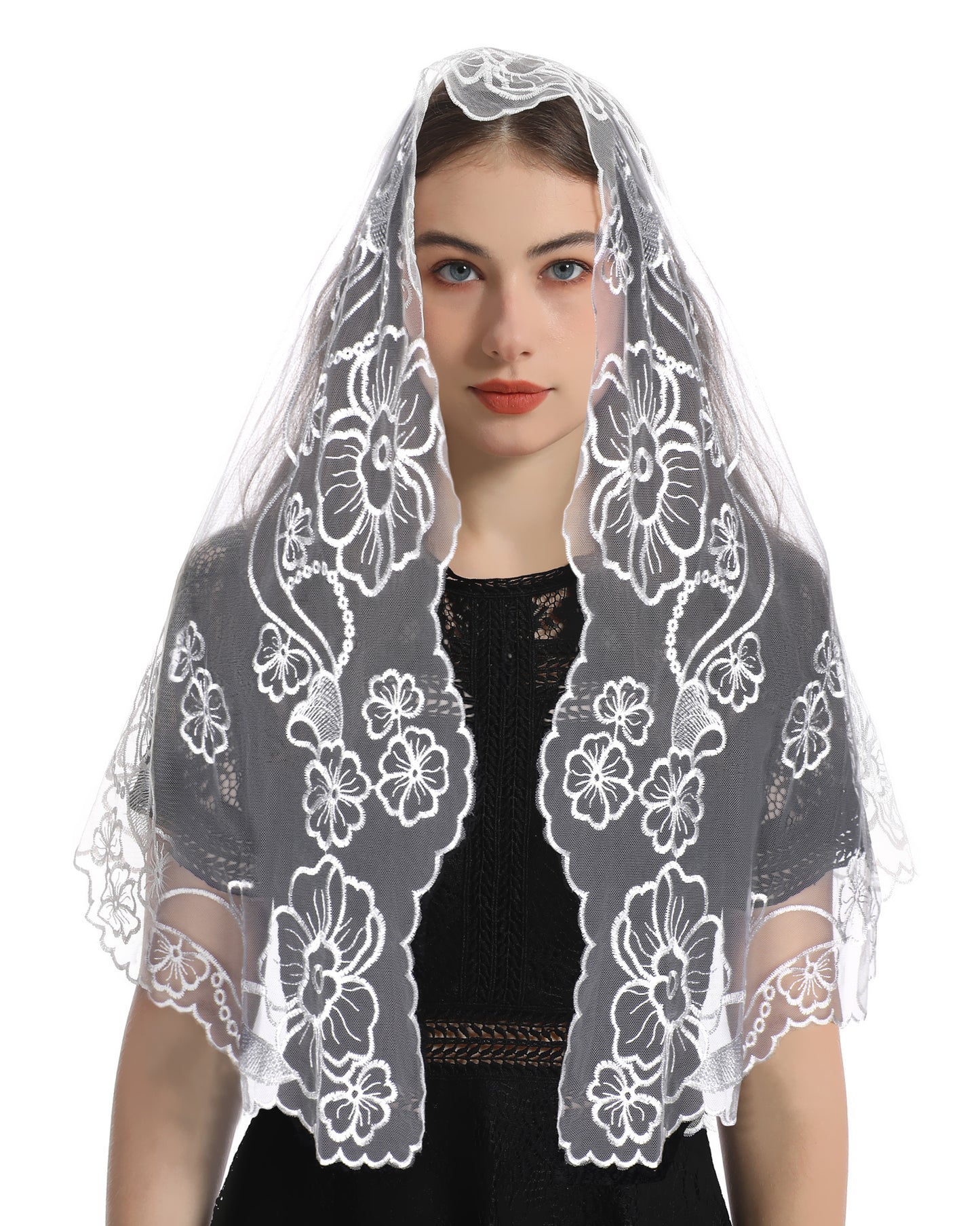 Bozidol D-shape Mantilla Church Veil - Women's Vintage Veil with Madonna and Child Embroidery