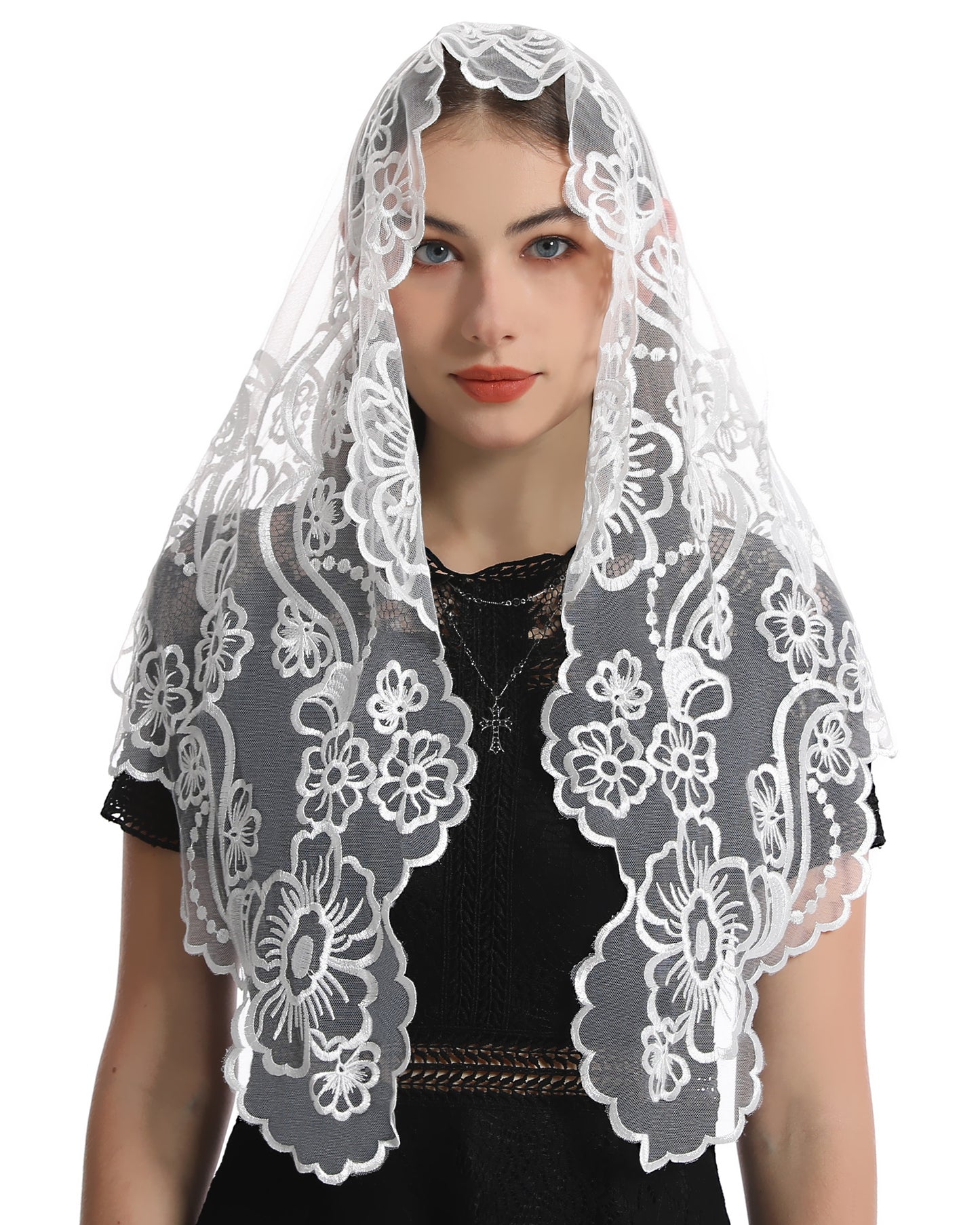 Bozidol Lace Triangle Church Veil - Madonna Camellia Embroidered Head Covering Chapel Veil for women