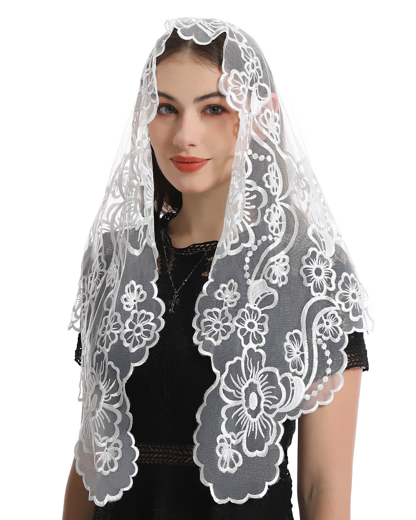 Bozidol Lace Triangle Church Veil - Madonna Camellia Embroidered Head Covering Chapel Veil for women