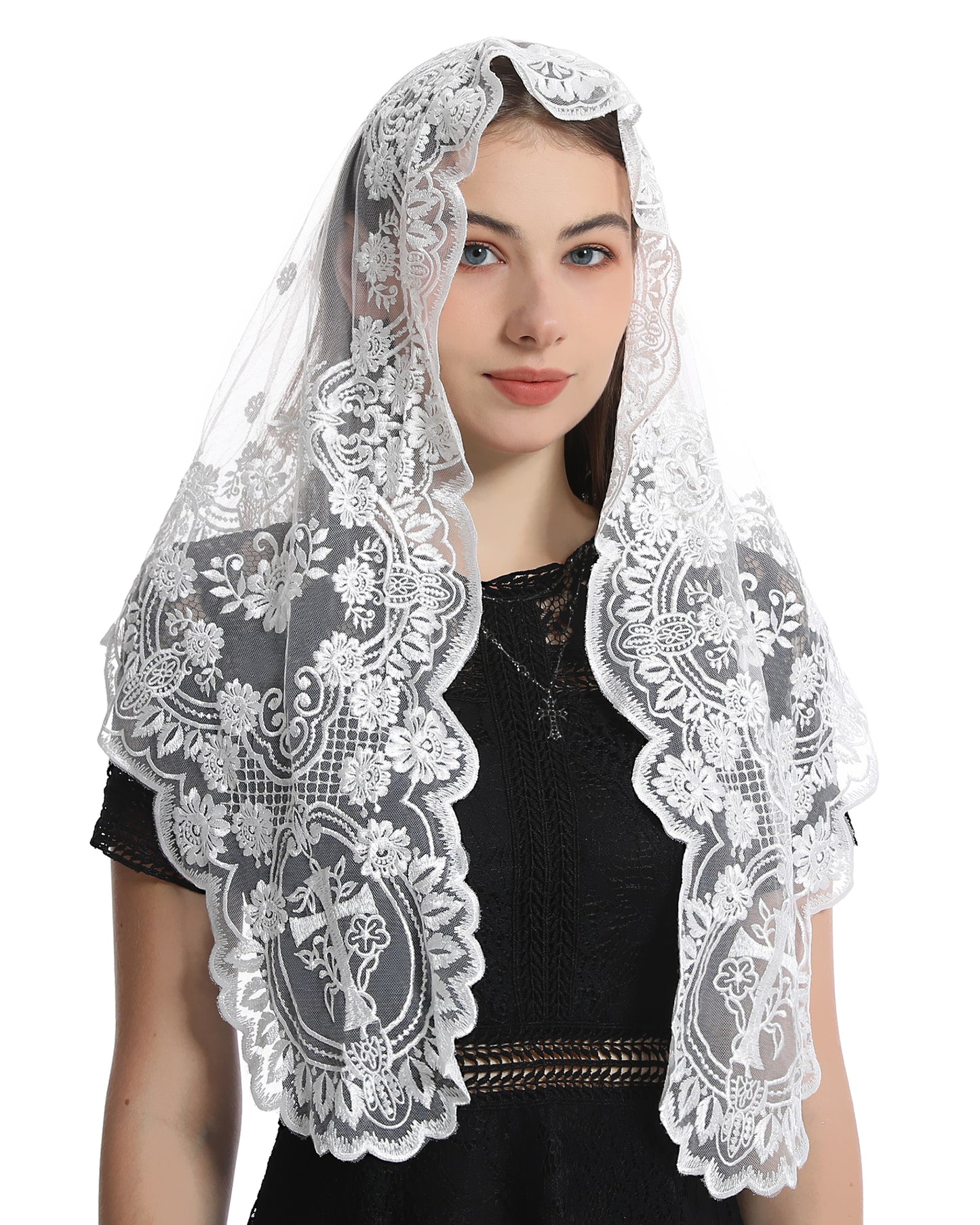 Bozidol Church Triangular Head covering - Cross Chalice Embroidered Vintage Church Veil for Women