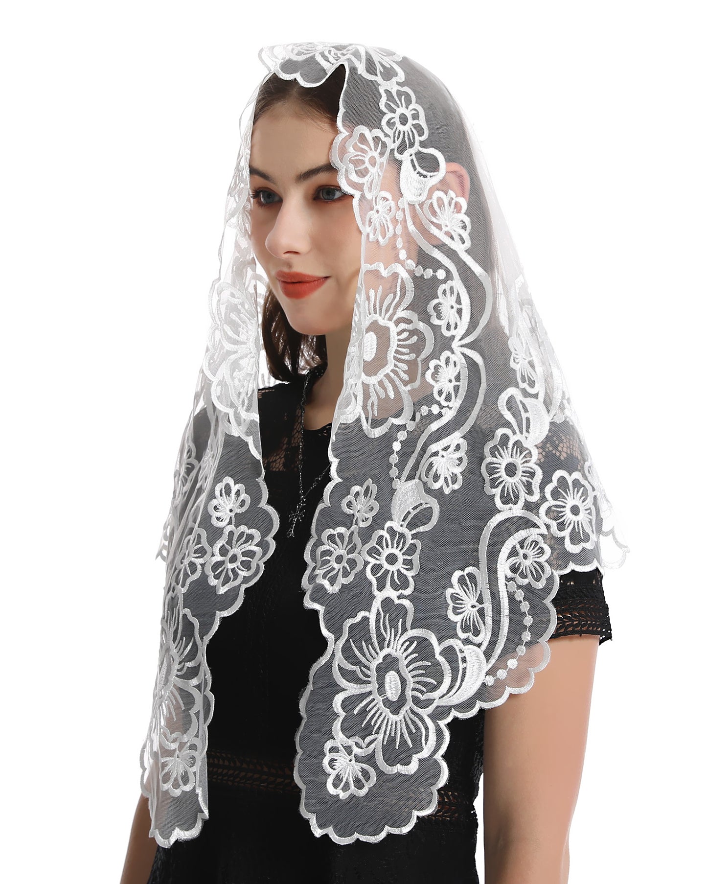 Bozidol Triangle Church Head Covering - Madonna Camellia Embroidered Veil Chapel Veil for women