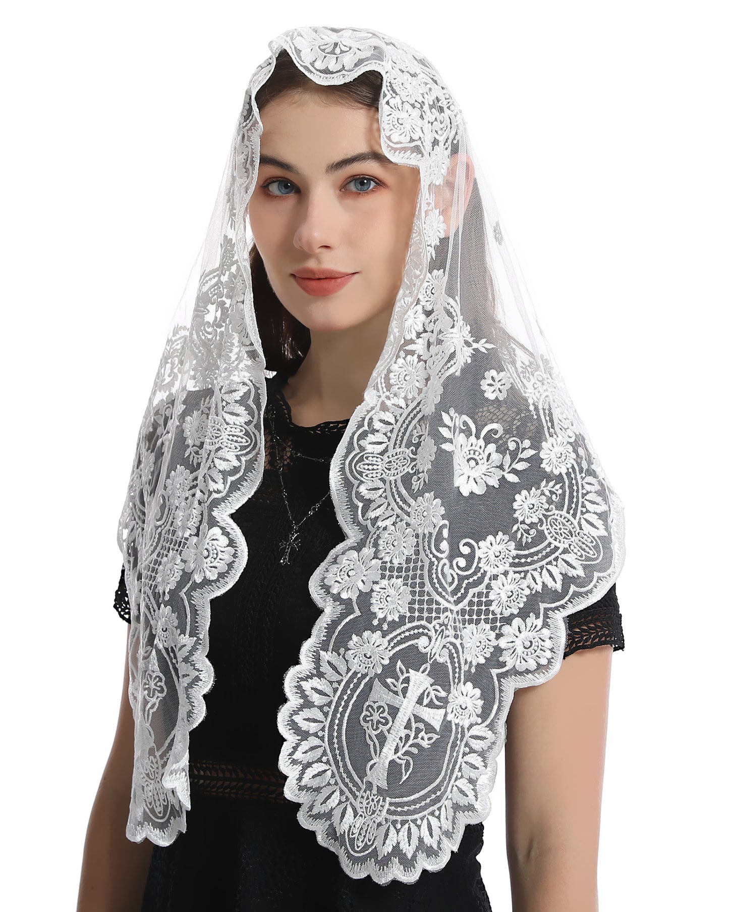 Bozidol Church Triangular Head covering - Cross Chalice Embroidered Vintage Church Veil for Women